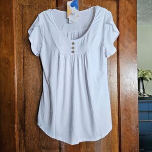 ZCC White Henley Pleated Tulip Short Sleeve Blouse Women’s Size L Top NEW